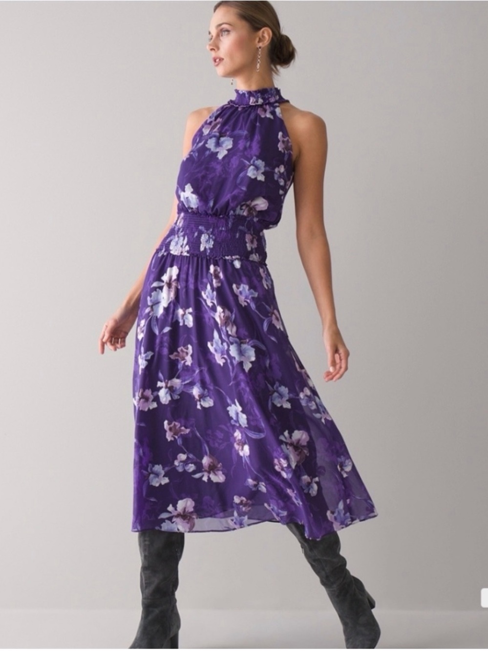 WHBM Purple Floral Halter Midi Dress Whimsigoth Fairy Romantic Cottagecore